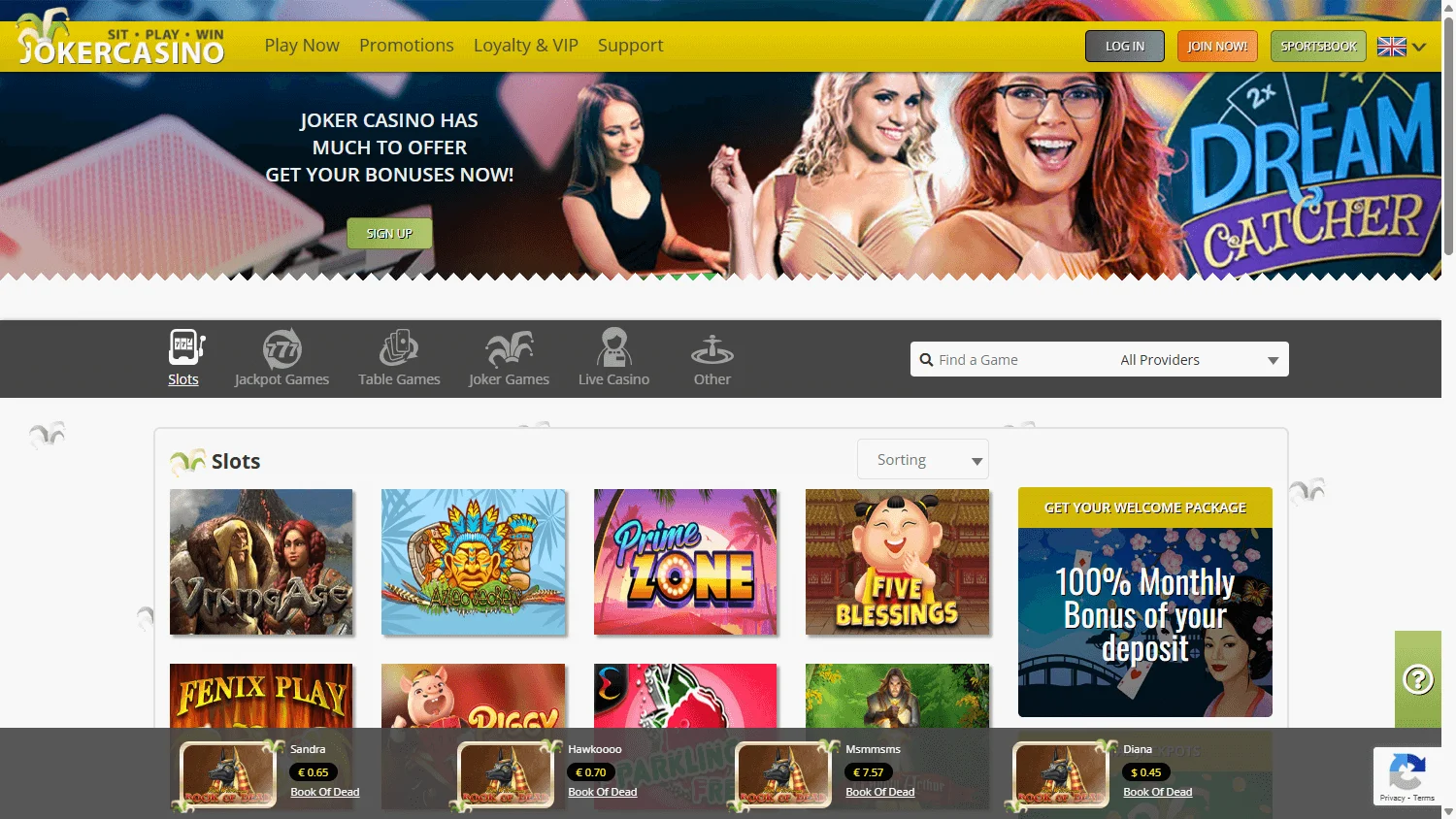 Joker Casino desktop games view with pokies and casino categories