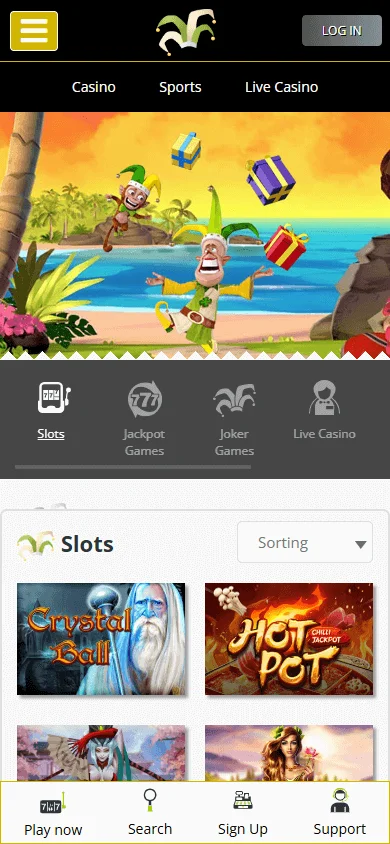 Joker Casino mobile browser home view on a smartphone