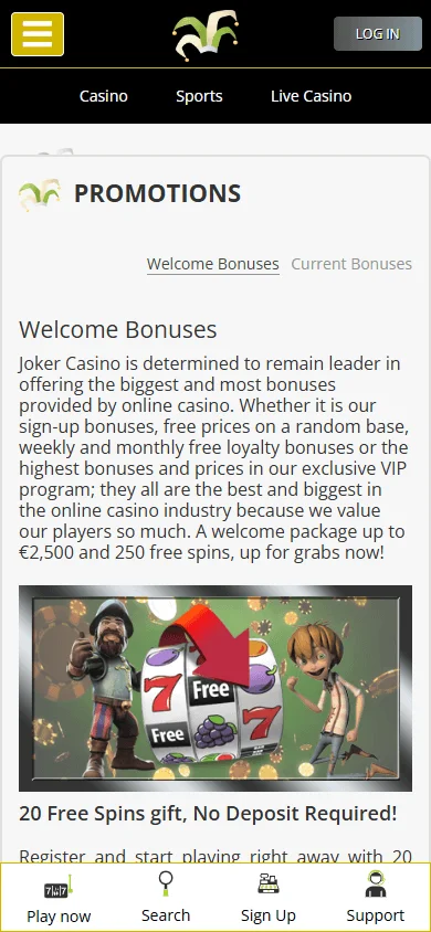 Joker Casino mobile browser promotions view with available offers