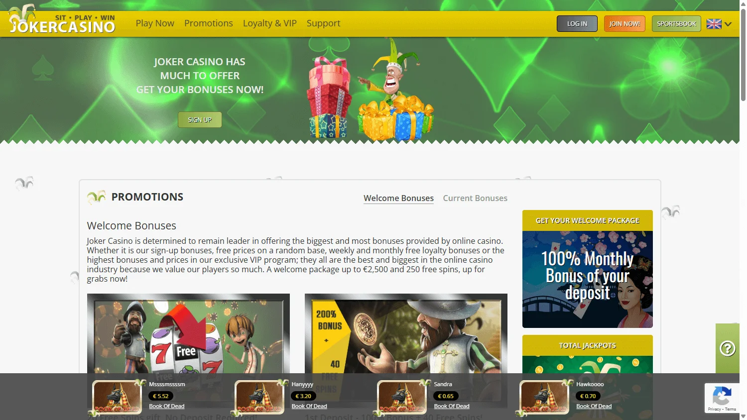 Joker Casino desktop promotions view with bonus offers and free spins