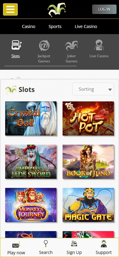Joker Casino mobile browser games view with pokie titles