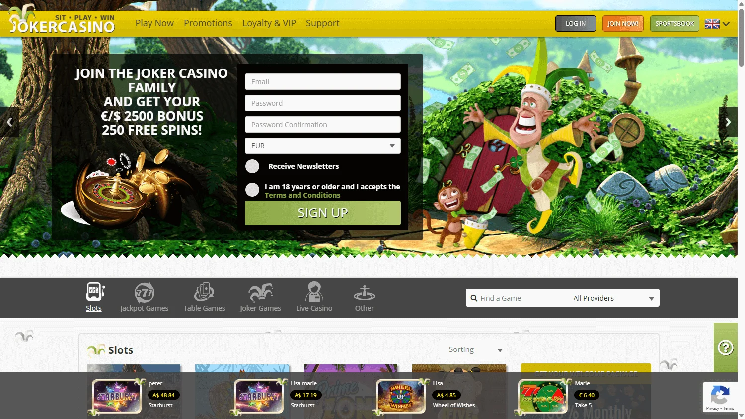 Joker Casino desktop home view with the welcome package